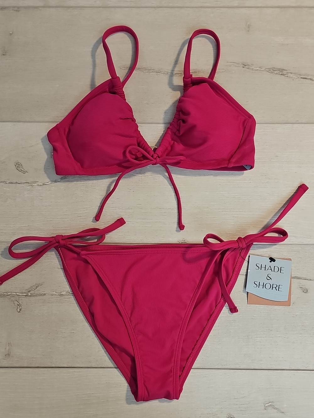 Shade & Shore Women's XS Ribbed Bikini Set in a Fuschia Pink with Tie-Sides